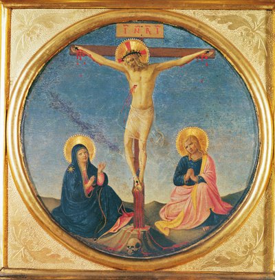 Christus zwischen der Jungfrau und dem Heiligen Johannes, oder die kleine Kreuzigung (Tondo), ca. 1395 von Fra Angelico